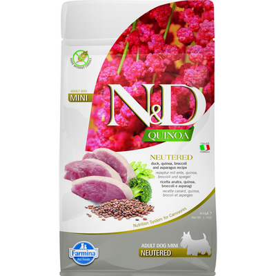 Farmina N&D Quinoa Canine Adult Mini Neutered Canard, brocoli & asperge 800 g - MyStetho Veterinary