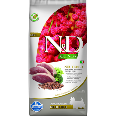 Farmina N&D Quinoa Canine Adult Mini Neutered Canard, brocoli & asperge 7 kg - MyStetho Veterinary