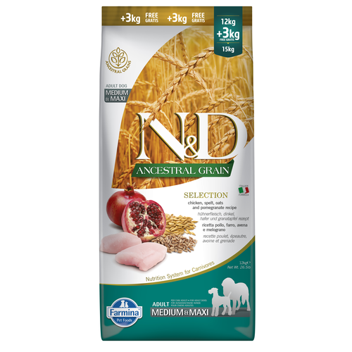 Farmina N&D Ancestral Grain Adult Med/Max, poulet & grenade Selection 15kg - MyStetho Veterinary